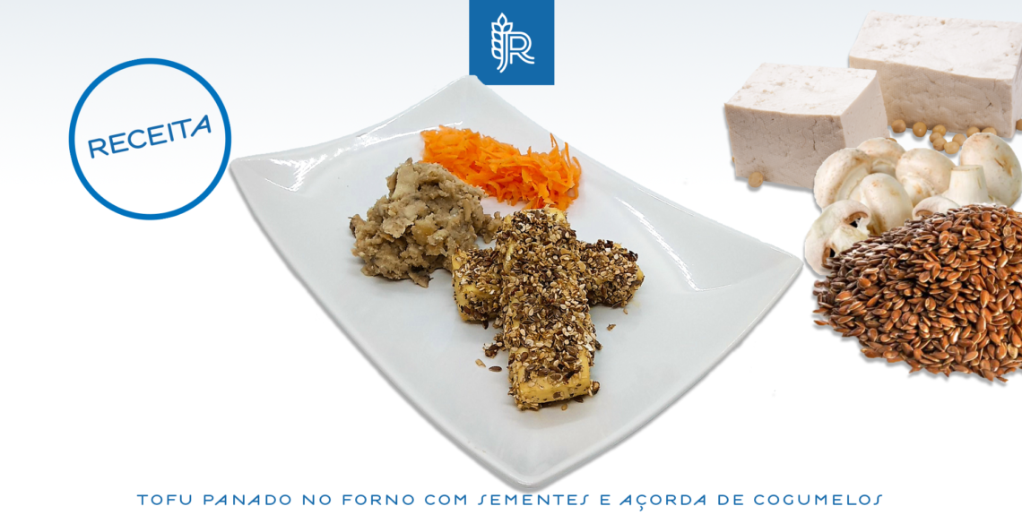 Tofu panado com sementes e açorda de cogumelos