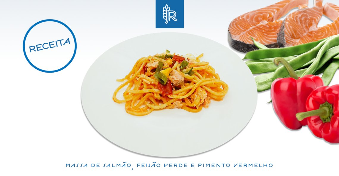 Massa com salmão, pimento e feijão verde