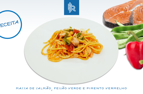 Massa com salmão, pimento e feijão verde